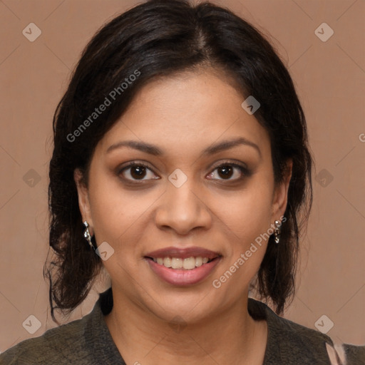 Joyful latino young-adult female with medium  brown hair and brown eyes