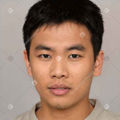 Neutral asian young-adult male with short  black hair and brown eyes