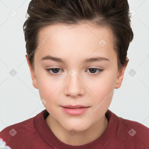 Joyful white child female with short  brown hair and brown eyes