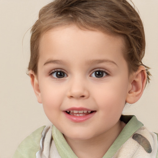 Joyful white child female with short  brown hair and brown eyes