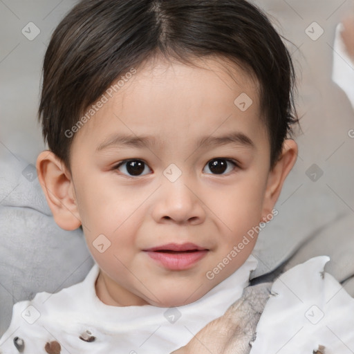 Joyful white child female with short  brown hair and brown eyes