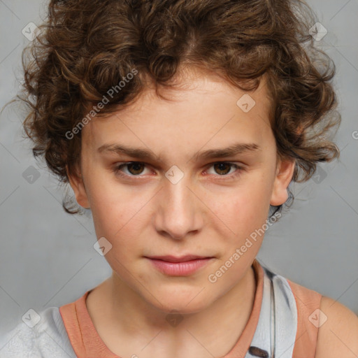 Joyful white child female with medium  brown hair and brown eyes