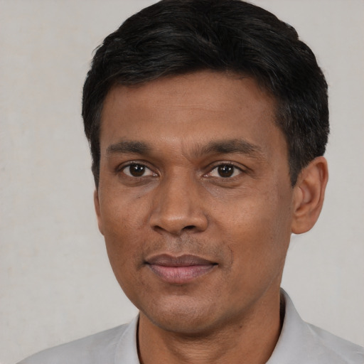 Neutral asian adult male with short  black hair and brown eyes
