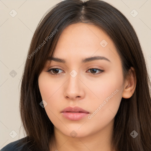 Neutral asian young-adult female with long  brown hair and brown eyes