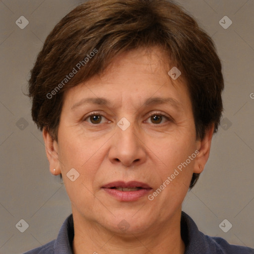 Joyful white adult female with short  brown hair and brown eyes