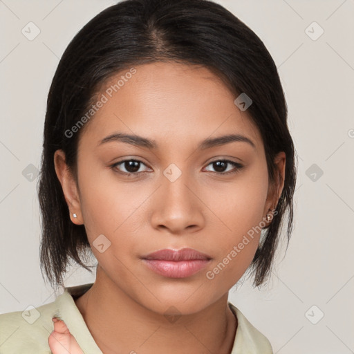 Neutral latino young-adult female with medium  brown hair and brown eyes