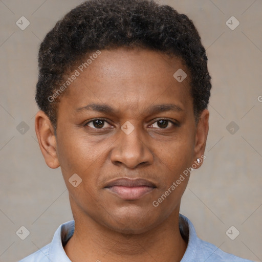 Joyful latino young-adult male with short  brown hair and brown eyes