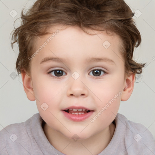 Joyful white child female with short  brown hair and brown eyes