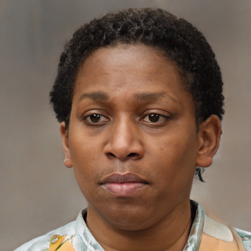 Neutral latino adult female with short  brown hair and brown eyes