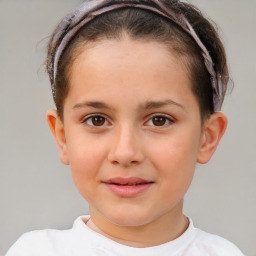 Joyful white child female with short  brown hair and brown eyes