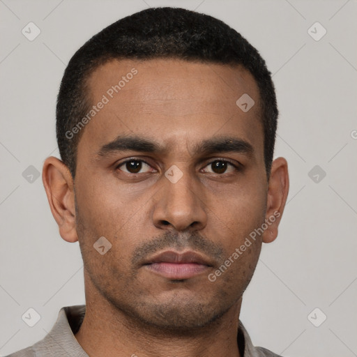 Neutral latino young-adult male with short  black hair and brown eyes