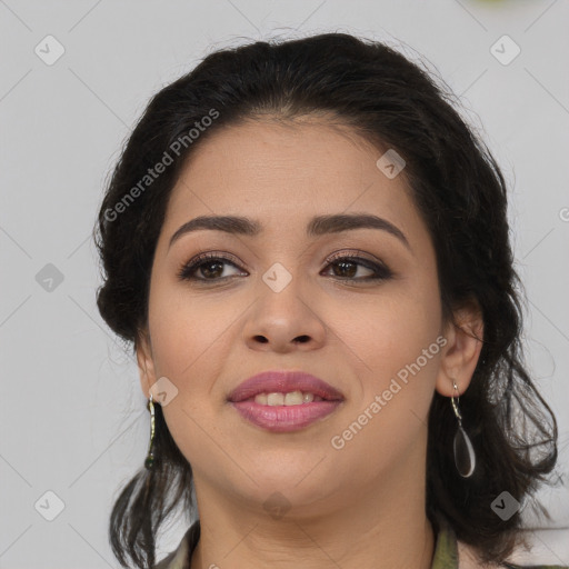 Joyful asian young-adult female with long  brown hair and brown eyes