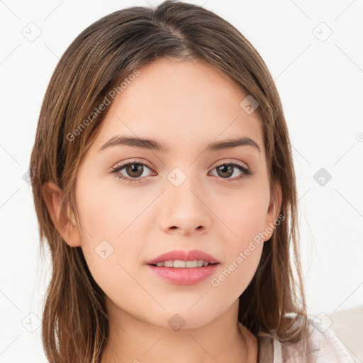 Neutral white young-adult female with medium  brown hair and brown eyes