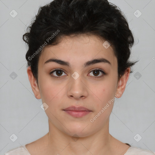 Neutral white young-adult female with short  brown hair and brown eyes