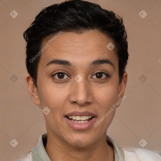 Joyful latino young-adult female with short  brown hair and brown eyes