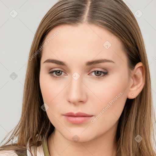 Neutral white young-adult female with long  brown hair and brown eyes