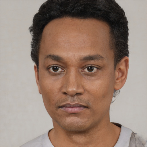 Neutral black adult male with short  black hair and brown eyes