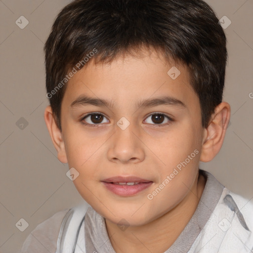 Joyful white child male with short  brown hair and brown eyes