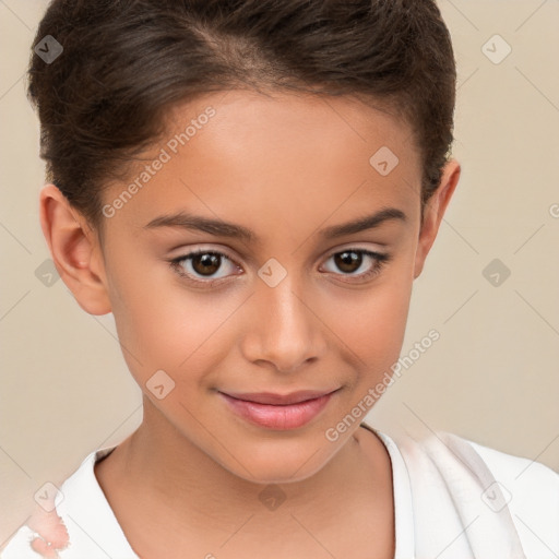 Joyful white child female with short  brown hair and brown eyes