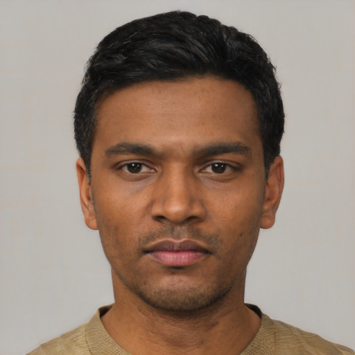 Neutral latino young-adult male with short  black hair and brown eyes