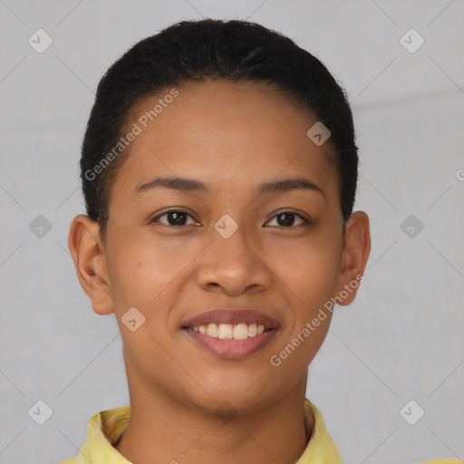 Joyful latino young-adult female with short  brown hair and brown eyes