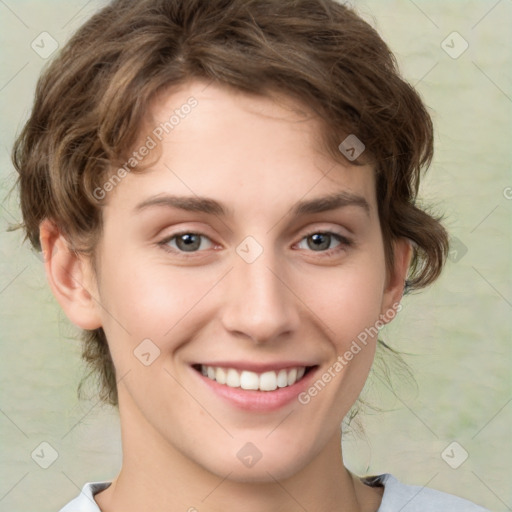 Joyful white young-adult female with medium  brown hair and green eyes