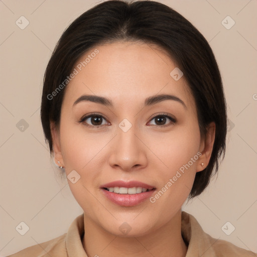 Joyful white young-adult female with medium  brown hair and brown eyes