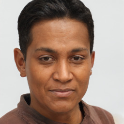 Joyful black adult male with short  brown hair and brown eyes