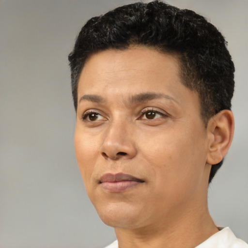 Neutral latino adult female with short  black hair and brown eyes