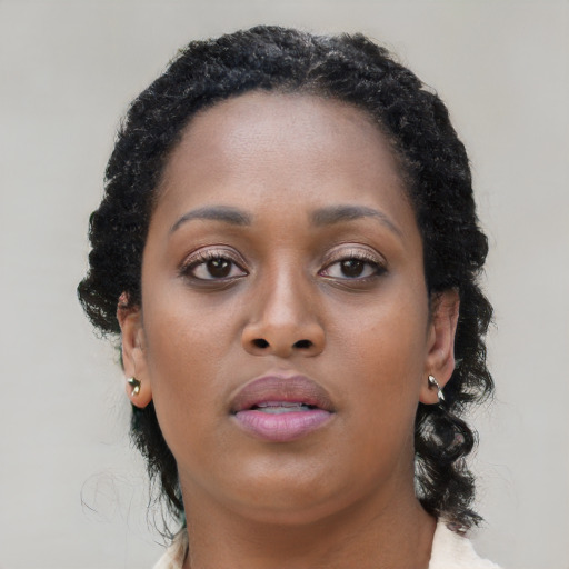 Neutral black young-adult female with long  brown hair and brown eyes