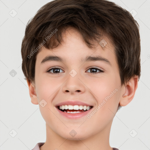 Joyful white child male with short  brown hair and brown eyes