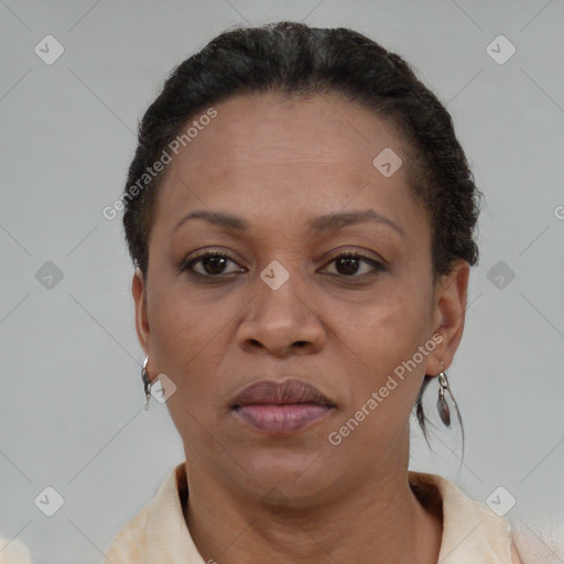 Joyful black adult female with short  brown hair and brown eyes