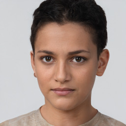 Neutral white young-adult female with short  brown hair and brown eyes