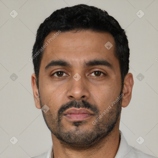 Neutral latino young-adult male with short  black hair and brown eyes
