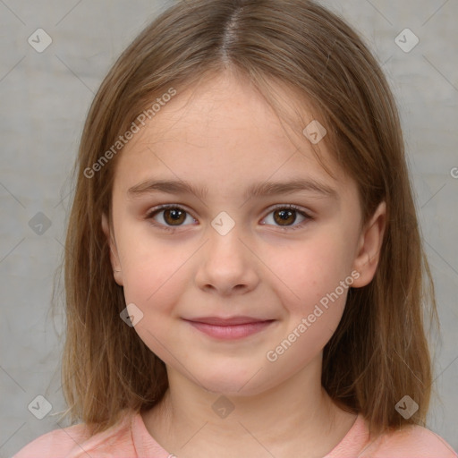 Joyful white child female with medium  brown hair and brown eyes