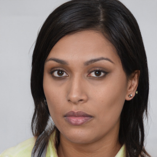 Neutral asian young-adult female with long  brown hair and brown eyes