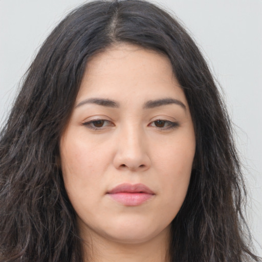 Neutral asian young-adult female with long  brown hair and brown eyes