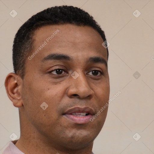 Neutral black young-adult male with short  brown hair and brown eyes