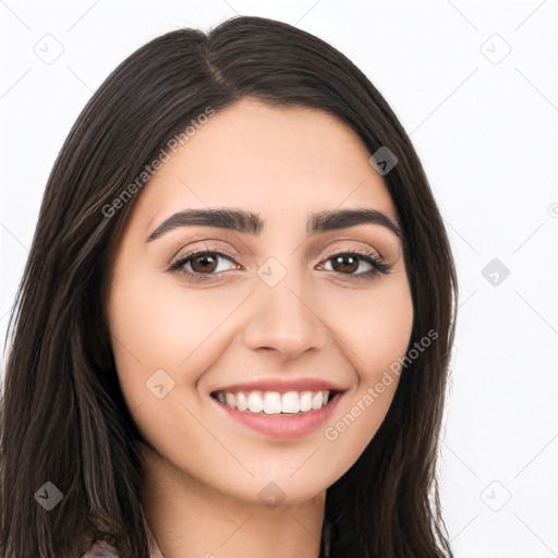 Joyful white young-adult female with long  brown hair and brown eyes