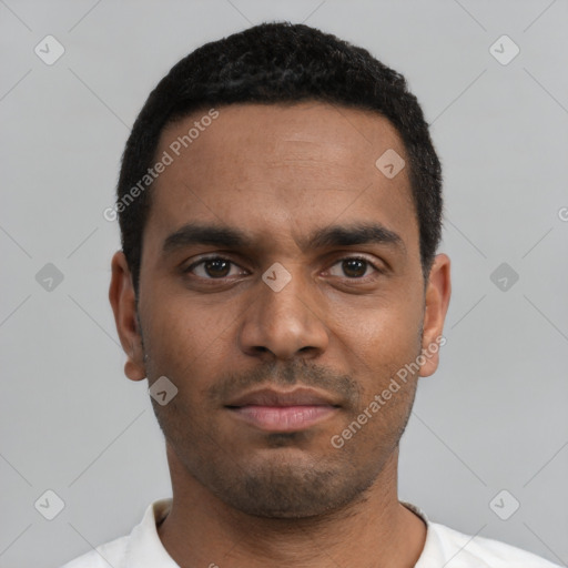 Neutral black young-adult male with short  black hair and brown eyes