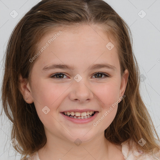 Joyful white child female with medium  brown hair and brown eyes