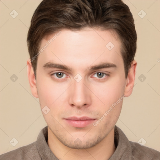 Neutral white young-adult male with short  brown hair and brown eyes