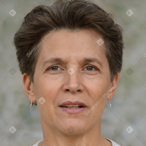 Joyful white adult female with short  brown hair and brown eyes