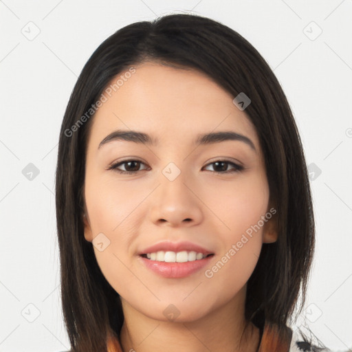 Joyful white young-adult female with medium  black hair and brown eyes