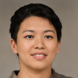 Joyful asian young-adult female with short  brown hair and brown eyes