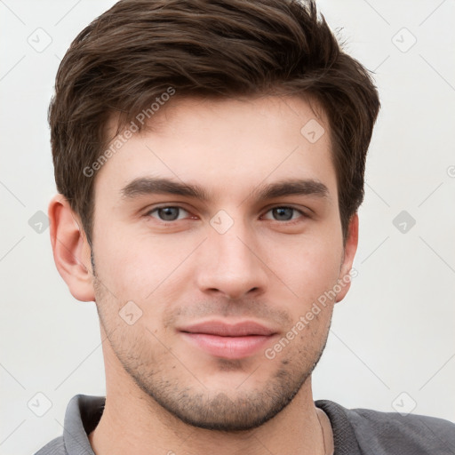 Neutral white young-adult male with short  brown hair and grey eyes