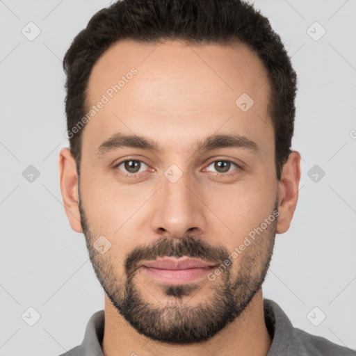 Neutral white young-adult male with short  brown hair and brown eyes