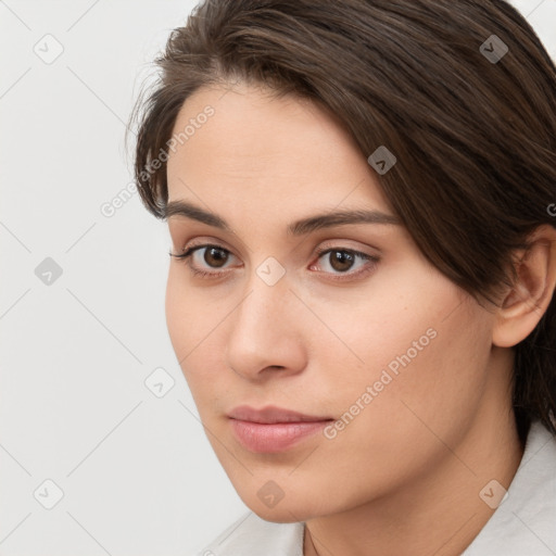 Neutral white young-adult female with medium  brown hair and brown eyes