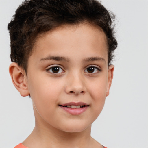 Joyful white child female with short  brown hair and brown eyes