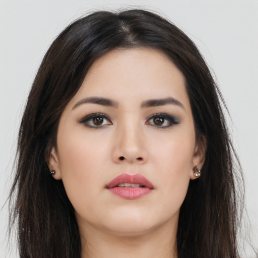 Neutral asian young-adult female with long  black hair and brown eyes